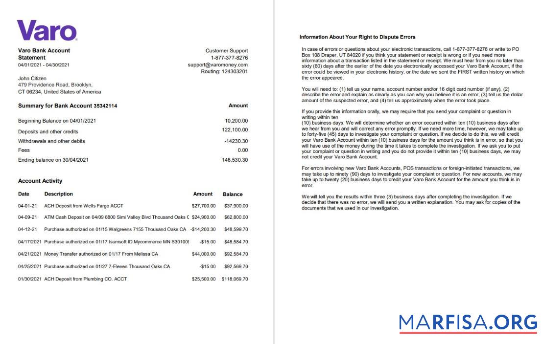 Printable USA California Varo bank statement excel example